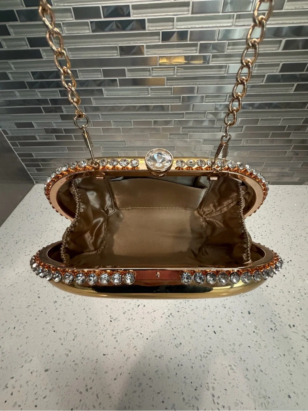Elegant and Chic Aqua Gold Metallic Crystal-Trim Clutch with Chain Strap